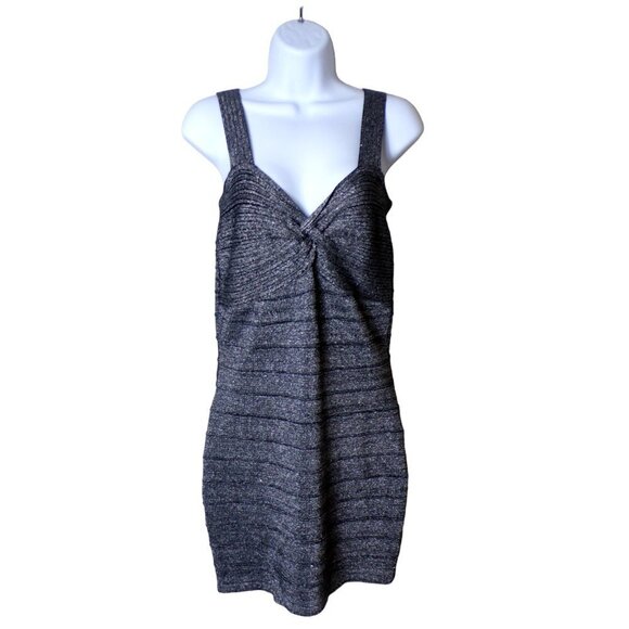 NWT QED London Silver Metallic Stretch Bodycon Bandage Dress w/ Straps M #399 - Picture 1 of 9